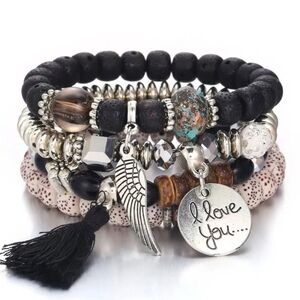 Beaded Bracelet Set Tassel Charms 4 Stretch Bracelet Set Black